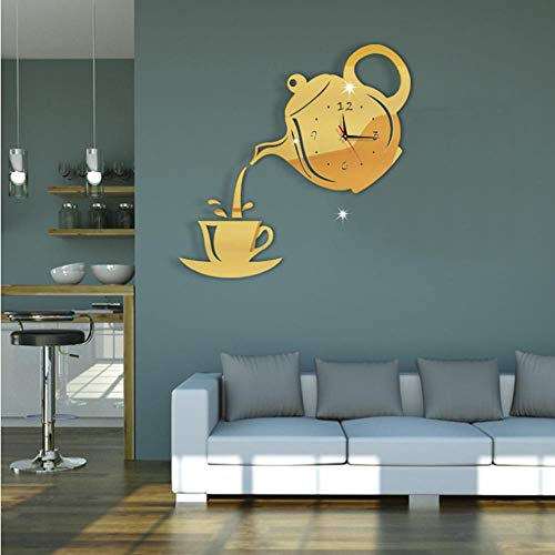 Reloj de pared con espejo 3D DIY Reloj de acrílico silencioso Forma moderna de tetera de café para cocina de oficina Decoración para el hogar Etiqueta de la pared Reloj numeral, dorado