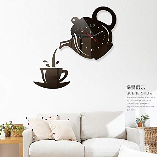 Reloj de pared con espejo 3D DIY Reloj de acrílico silencioso Forma moderna de tetera de café para cocina de oficina Decoración para el hogar Etiqueta de la pared Reloj numeral, dorado