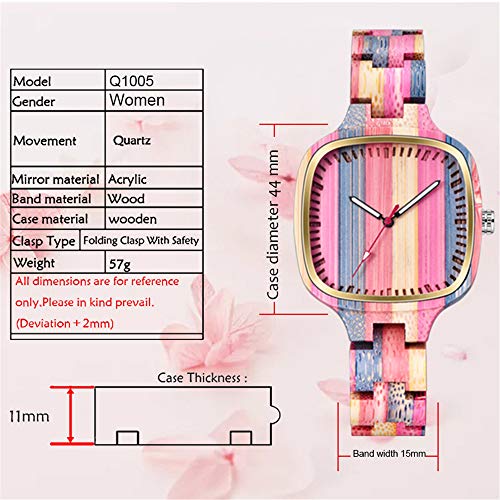 Reloj de pulsera para mujer, cuadrado, de madera, color arcoíris, con visualización analógica única, de cuarzo, para mujer