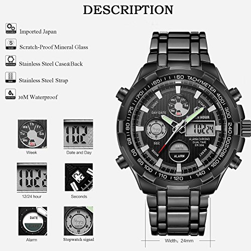 Reloj deportivo de pulsera analógico y digital de cuarzo para hombre, cronógrafo, esfera grande, acero inoxidable, resistente al agua, color negro