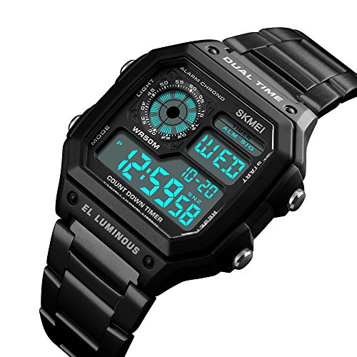 Relojes Digital Cuadrado Multifuncional Relojes Hombre Cronómetro Alarma Relojes Acero Inoxidable Negro Casual