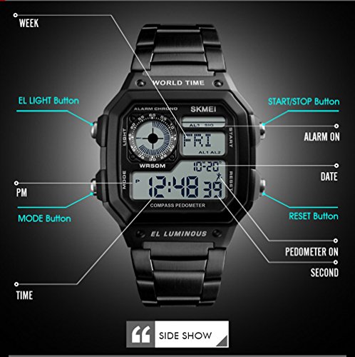 Relojes Digital Cuadrado Multifuncional Relojes Hombre Cronómetro Alarma Relojes Acero Inoxidable Negro Casual