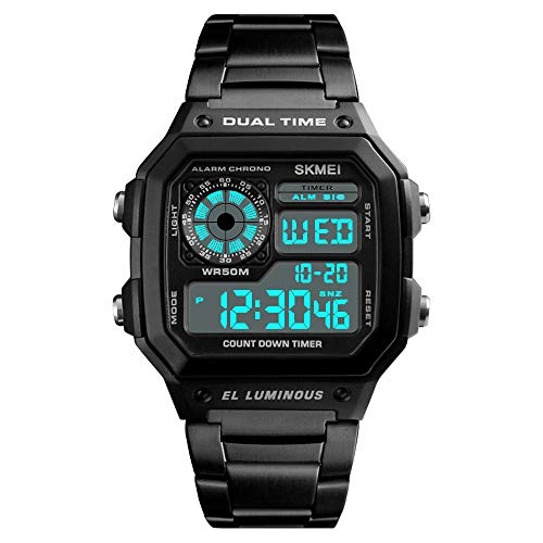 Relojes Digital Cuadrado Multifuncional Relojes Hombre Cronómetro Alarma Relojes Acero Inoxidable Negro Casual