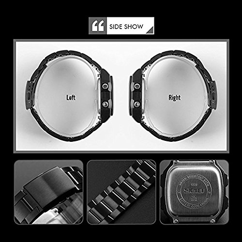 Relojes Digital Cuadrado Multifuncional Relojes Hombre Cronómetro Alarma Relojes Acero Inoxidable Negro Casual