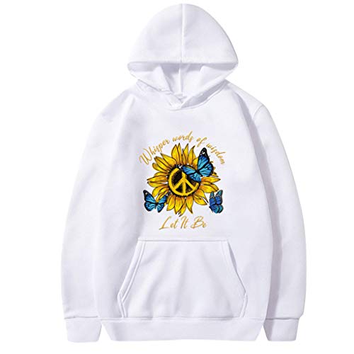 ReooLy Manga Larga, Sudadera con Capucha Holgada para Mujer, Cuello Redondo, Estampado de Girasol, Manga Larga(A2-Blanco，XL)