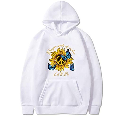 ReooLy Manga Larga, Sudadera con Capucha Holgada para Mujer, Cuello Redondo, Estampado de Girasol, Manga Larga(A2-Blanco，XL)