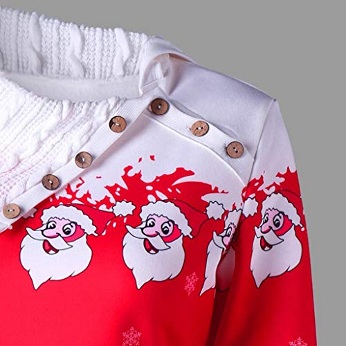 Reooly Mujeres Navidad Santa Claus Copo de Nieve Imprimir Botón Top Sudadera Larga Top(Rojo,XXXX-Large)