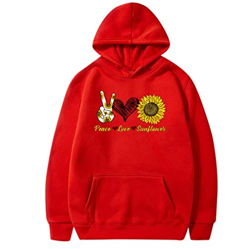ReooLy Pull-Over, Sudadera con Capucha Holgada para Mujer, Cuello Redondo, Estampado de Girasol, Manga Larga(L-Rojo，XXXL)