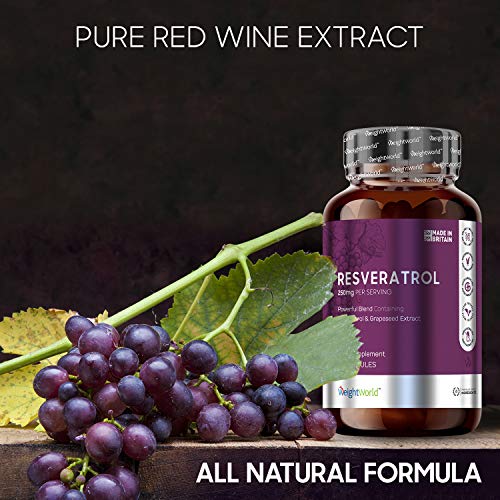 Resveratrol Puro en Capsulas | Suplemento AntiArrugas Natural | Vitaminas para la Piel y Articulaciones | Sin Gluten | Antioxidante Con Extracto de Vino Rojo para Metabolismo | WeightWorld |