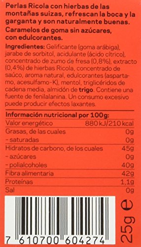 Ricola - Perlas de Hierbas Fresa y Menta sin azúcares - 25 g - [Pack de 10]
