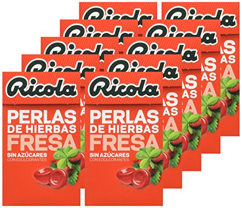 Ricola - Perlas de Hierbas Fresa y Menta sin azúcares - 25 g - [Pack de 10]