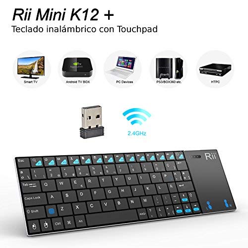 Rii K12 Mini - Teclado con touchpad (WiFi 2.4 GHz, USB, Acero Inoxidable), Color Negro - QWERTY Español