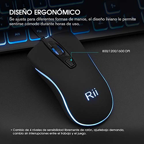 Rii Rk105 RGB Teclado y Ratón Retroiluminado con Cables ,Pack de teclado y ratón para gamers para PC Gamers, Oficina, Diseño Gráfico