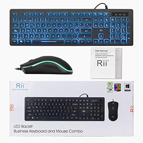 Rii Rk105 RGB Teclado y Ratón Retroiluminado con Cables ,Pack de teclado y ratón para gamers para PC Gamers, Oficina, Diseño Gráfico