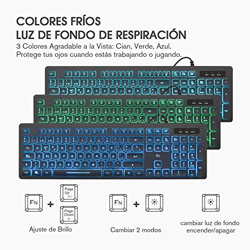 Rii Rk105 RGB Teclado y Ratón Retroiluminado con Cables ,Pack de teclado y ratón para gamers para PC Gamers, Oficina, Diseño Gráfico