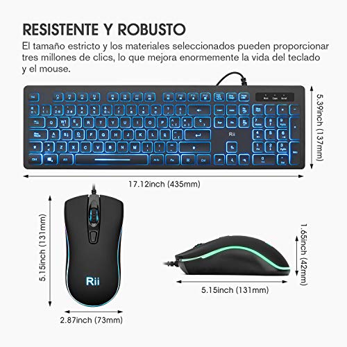 Rii Rk105 RGB Teclado y Ratón Retroiluminado con Cables ,Pack de teclado y ratón para gamers para PC Gamers, Oficina, Diseño Gráfico