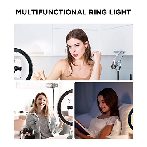 Ring light 10", Unimi LED ring light con soporte para teléfono móvil, espejo, control remoto bluetooth y dos trípodes, 3 modos de iluminación y 10 niveles de brillo, para maquillaje/ video/YouTube