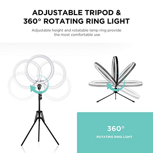 Ring light 10", Unimi LED ring light con soporte para teléfono móvil, espejo, control remoto bluetooth y dos trípodes, 3 modos de iluminación y 10 niveles de brillo, para maquillaje/ video/YouTube