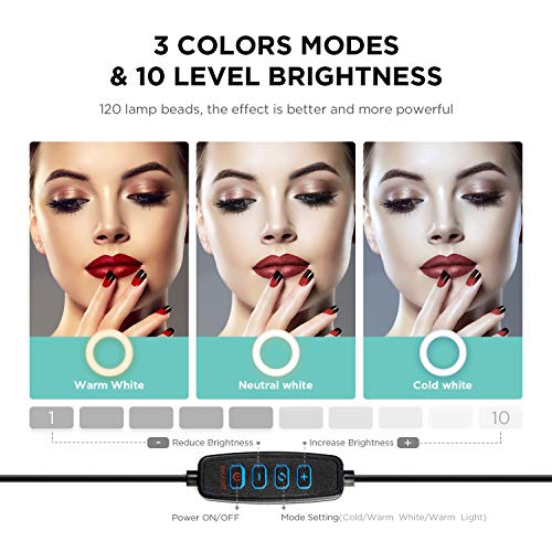 Ring light 10", Unimi LED ring light con soporte para teléfono móvil, espejo, control remoto bluetooth y dos trípodes, 3 modos de iluminación y 10 niveles de brillo, para maquillaje/ video/YouTube