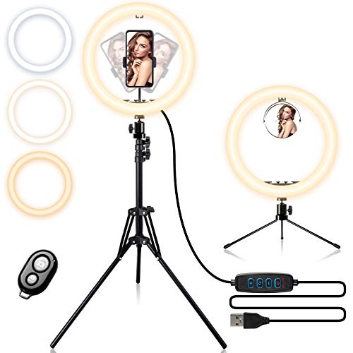 Ring light 10", Unimi LED ring light con soporte para teléfono móvil, espejo, control remoto bluetooth y dos trípodes, 3 modos de iluminación y 10 niveles de brillo, para maquillaje/ video/YouTube