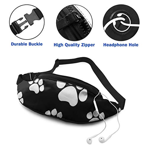 Riñonera unisex casual con diseño de patas de perrito, color negro, grande, riñonera con cinturón ajustable para correr, deportes, escalada, viajes