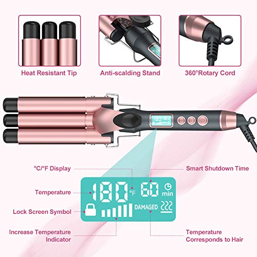 Rizador Pelo Profesional 3 Tubos, QUARED Plancha Rizadora de 25 mm con Placas de Cerámica de Turmalina, Rizador de Pelo Eléctrico con Pantalla LCD, Temperatura Ajustable 80℃-230℃/150℉-450℉