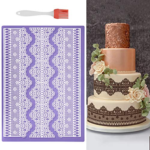 RMENOOR Molde para Tarta de Silicona Moldes de Silicona para Encaje Comestible Molde de Silicona Fondant con Brocha de Aceite, 15,2 x 11,2 Pulgadas, Violeta, Molde para Decoración de Tartas