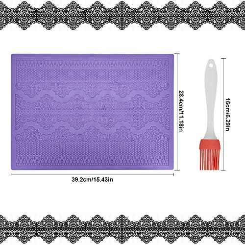 RMENOOR Molde para Tarta de Silicona Moldes de Silicona para Encaje Comestible Molde de Silicona Fondant con Brocha de Aceite, 15,2 x 11,2 Pulgadas, Violeta, Molde para Decoración de Tartas