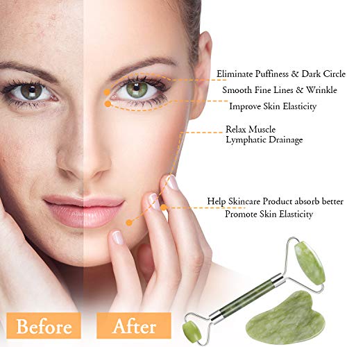 Rodillo de Jade, Nivlan Jade rodillo masajeador y Gua Sha Jade para la belleza del cuello de la cara,antienvejecedor,rejuvenece la piel de la cara y del cuello,piel que aprieta