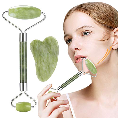 Rodillo de Jade, Nivlan Jade rodillo masajeador y Gua Sha Jade para la belleza del cuello de la cara,antienvejecedor,rejuvenece la piel de la cara y del cuello,piel que aprieta