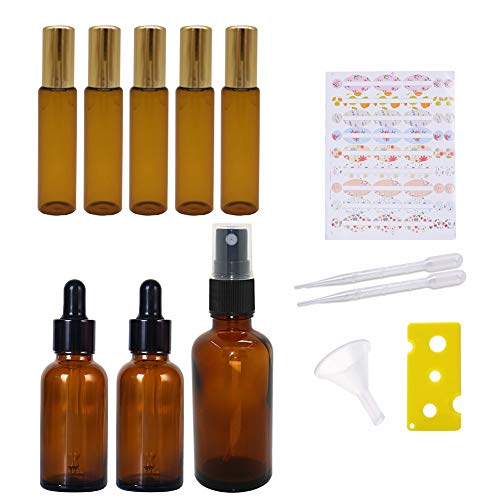 Roll on aceites esenciales, botellas spray y cuentagotas aceite esencial recargables con etiquetas adhesivas Embudo cuentagotas y abrebotellas líquidos para el cuidado de la piel (paquete de 13)