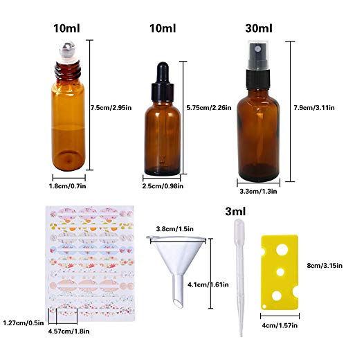 Roll on aceites esenciales, botellas spray y cuentagotas aceite esencial recargables con etiquetas adhesivas Embudo cuentagotas y abrebotellas líquidos para el cuidado de la piel (paquete de 13)