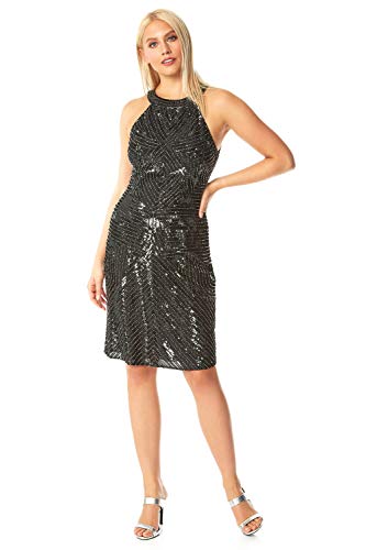 Roman Originals - Vestido para mujer con espalda desnuda con lentejuelas - Pequeños vestido negro brillante sin mangas - Estilo Art Deco, para fiestas y ocasiones especiales Negro 48