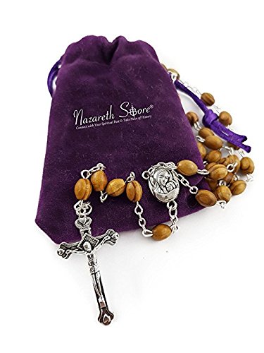 Rosario con perlas de madera de olivo para oración católica, collar con medalla de Tierra Santa y cruz de metal