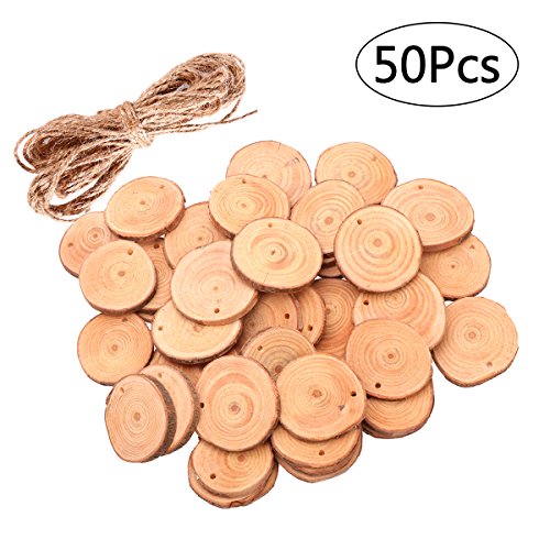 ROSENICE Madera rebanadas 4-5CM de madera troncos de troncos discos con 10 m de cuerda de yute para artesanía de bricolaje 50 piezas