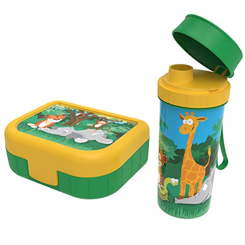 Rotho Memory Kids, Juego de 2 latas Vesper con botella para beber, Plástico PP sin BPA, verde con el motivo jungla, 1l x 0.4l 20.7 x 7.5 x 17.4 cm