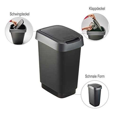 Rotho Twist, Cubo de basura de 10 litros con tapa, Plástico PP sin BPA, negro, plateado, 10l 24.8 x 18.1 x 33.0 cm