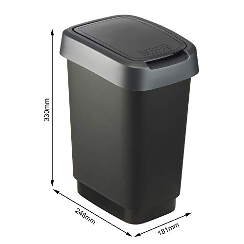 Rotho Twist, Cubo de basura de 10 litros con tapa, Plástico PP sin BPA, negro, plateado, 10l 24.8 x 18.1 x 33.0 cm