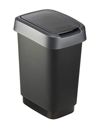 Rotho Twist, Cubo de basura de 10 litros con tapa, Plástico PP sin BPA, negro, plateado, 10l 24.8 x 18.1 x 33.0 cm