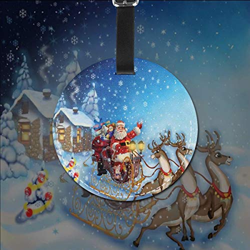 Round Travel Luggage Tags,Santa In Sleigh with Reindeer and Toys In Snowy North Pole Tale Fantasy Image,Leather Baggage Tag