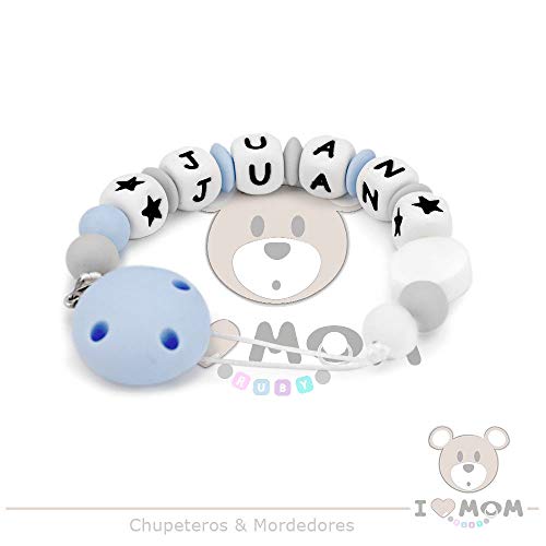 RUBY - Chupetero Personalizado con Nombre, Cadena de Chupete, Pinza de Silicona Antibacteriana y Acero Inoxidable (Azul Pastel)