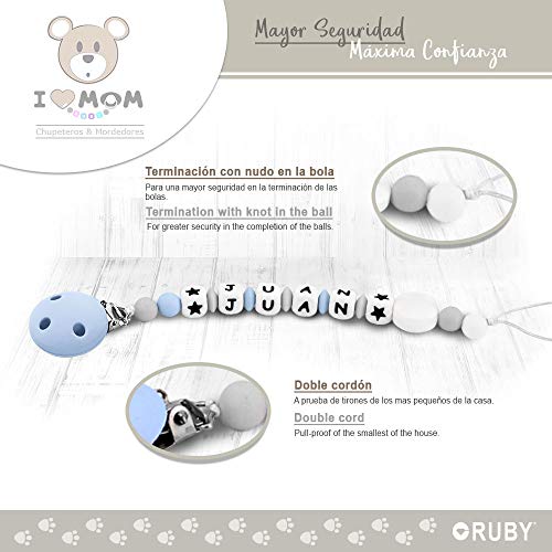 RUBY - Chupetero Personalizado con Nombre, Cadena de Chupete, Pinza de Silicona Antibacteriana y Acero Inoxidable (Azul Pastel)