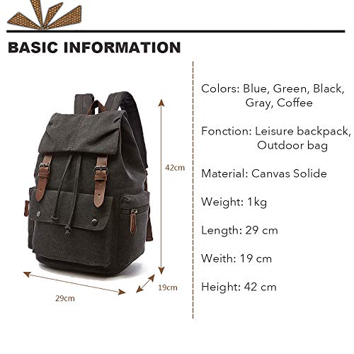 Rufun Mochila de Lona Vintage para portátiles Mochilas de Viaje Bolsa de Gran Capacidad Unisex (Negro)