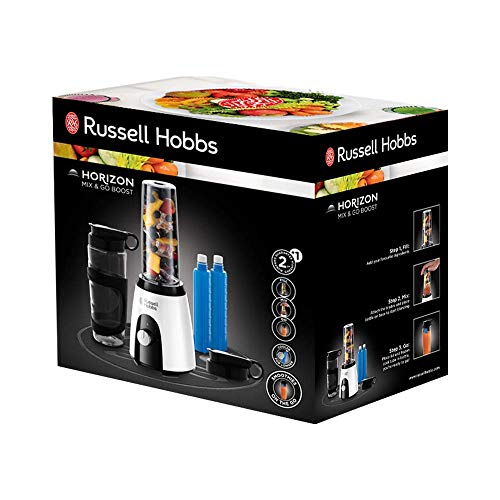 Russell Hobbs 25161-56 Horizon Mix & Go Boost - Batidora de Vaso Individual (400 W, Sin BPA, Blanco y Negro, 2 Vasos de 600 ml, 2 Tubos Refrigeradores)