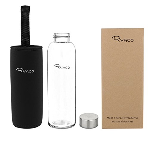 Ryaco Botella de Agua Cristal 550ml, Botella de Agua Reutilizable 18 oz, Sin BPA Antideslizante Protección Neopreno Llevar Manga y Cepillo de Esponja