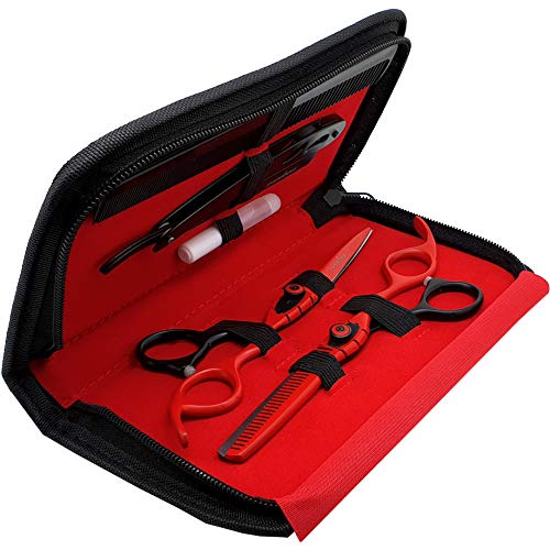 Saaqaans Tijeras de Peluquería Barbero Profesional Conjunto - Perfecto para Corte de Pelo con Estilo, Recortar tu Barba y Bigote (Red & Black)