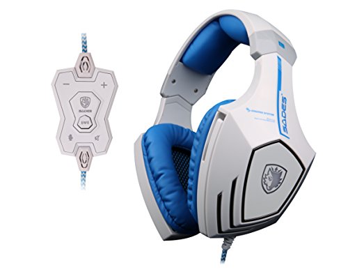 Sades A60 Auriculares, 7.1 USB, sonido estéreo envolvente, para jugadores, con diadema, con micrófono de alta sensibilidad, función de vibración, regulación del volumen, mando a distancia, logotipo de lobo, LED intermitente, color blanco