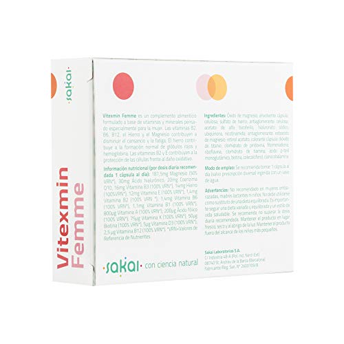 Sakai - Vitexmin Femme Complejo Multivitamínico ideal para la Mujer. Vitaminas, Minerales, Coenzima Q10 y Ácido Hialurónico. Energía, Belleza, Bienestar, Vitalidad y Salud Femenina