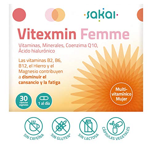 Sakai - Vitexmin Femme Complejo Multivitamínico ideal para la Mujer. Vitaminas, Minerales, Coenzima Q10 y Ácido Hialurónico. Energía, Belleza, Bienestar, Vitalidad y Salud Femenina