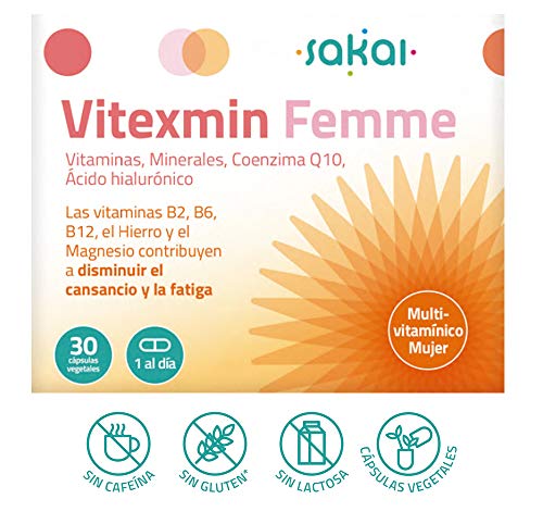 Sakai - Vitexmin Femme Complejo Multivitamínico ideal para la Mujer. Vitaminas, Minerales, Coenzima Q10 y Ácido Hialurónico. Energía, Belleza, Bienestar, Vitalidad y Salud Femenina
